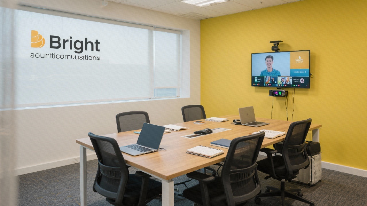 Bright Amsterdam consultancy workspace with meeting table, laptops, notebooks and video conferencing setup ready for education innovation consultations