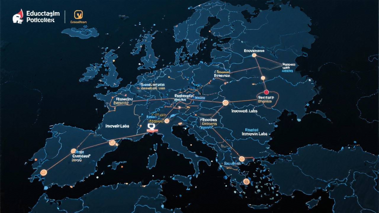 Network visualisation showing Dutch education partners, regional ecosystems and innovation labs connected by lines around Amsterdam on a dark map background