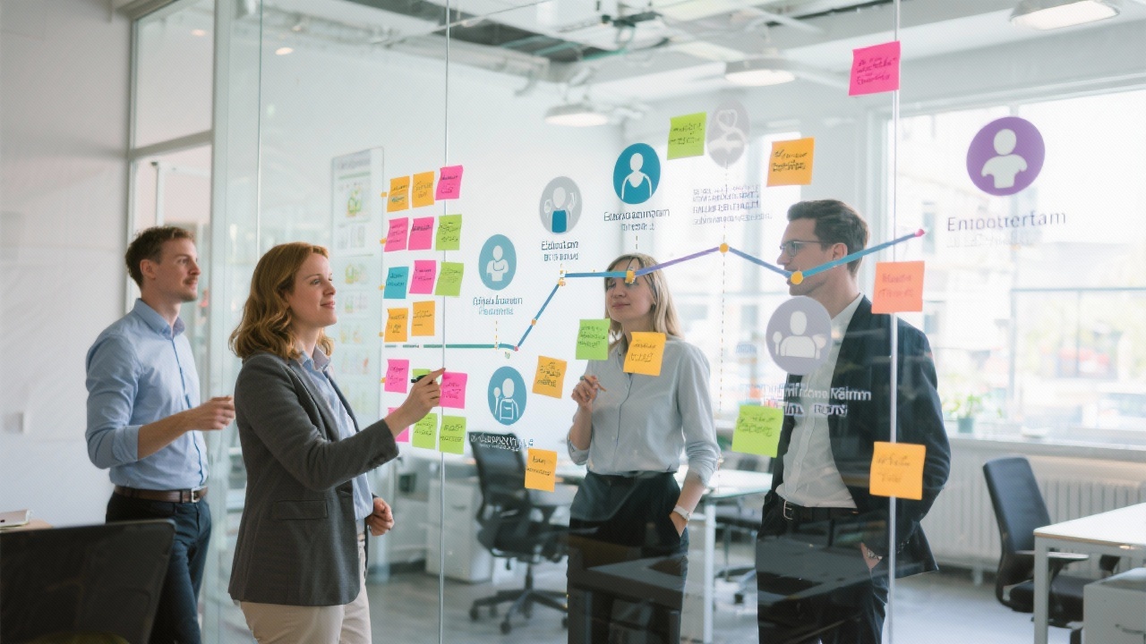Consultancy team mapping an education innovation roadmap on a glass wall with colourful sticky notes, milestones and stakeholder icons in a bright Amsterdam office