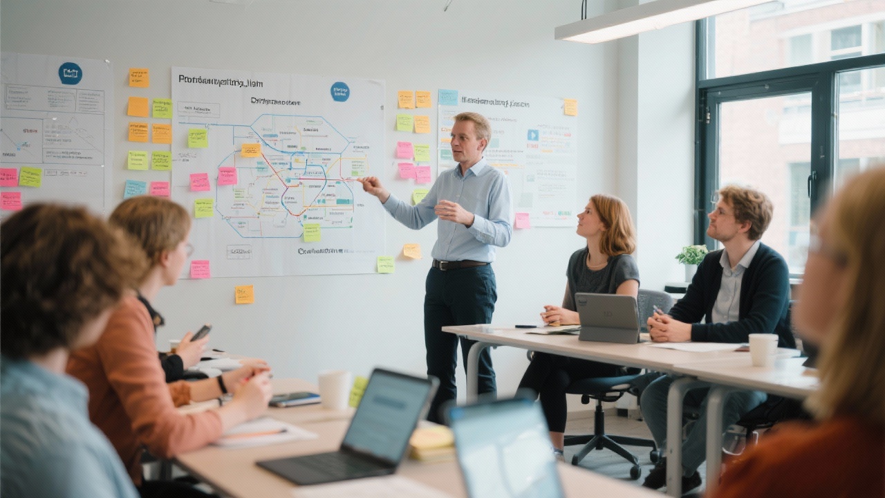 Consultant facilitating a professional learning session for Dutch teachers using digital collaboration tools, sticky notes and curriculum maps in a modern workspace
